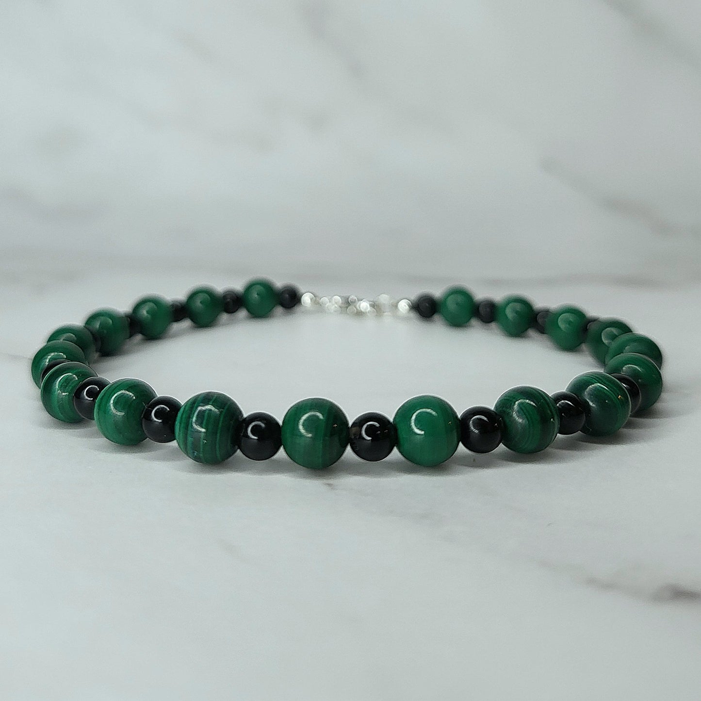 Malachite and Black Tourmaline Crystal Bracelet Bracelet on Sterling Silver - Smoke & Pearl