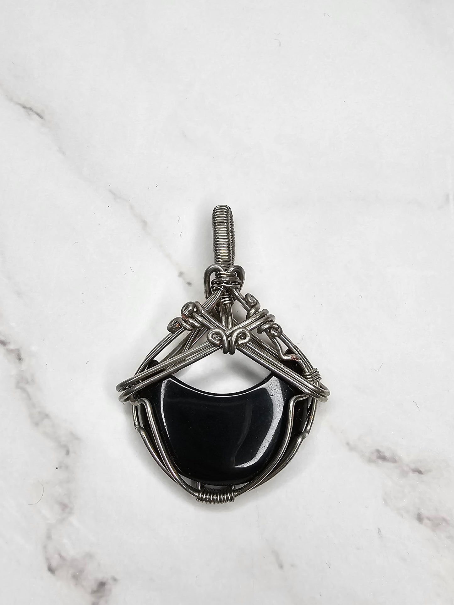 Wire Wrapped Black Onyx Crescent Moon Crystal Pendant