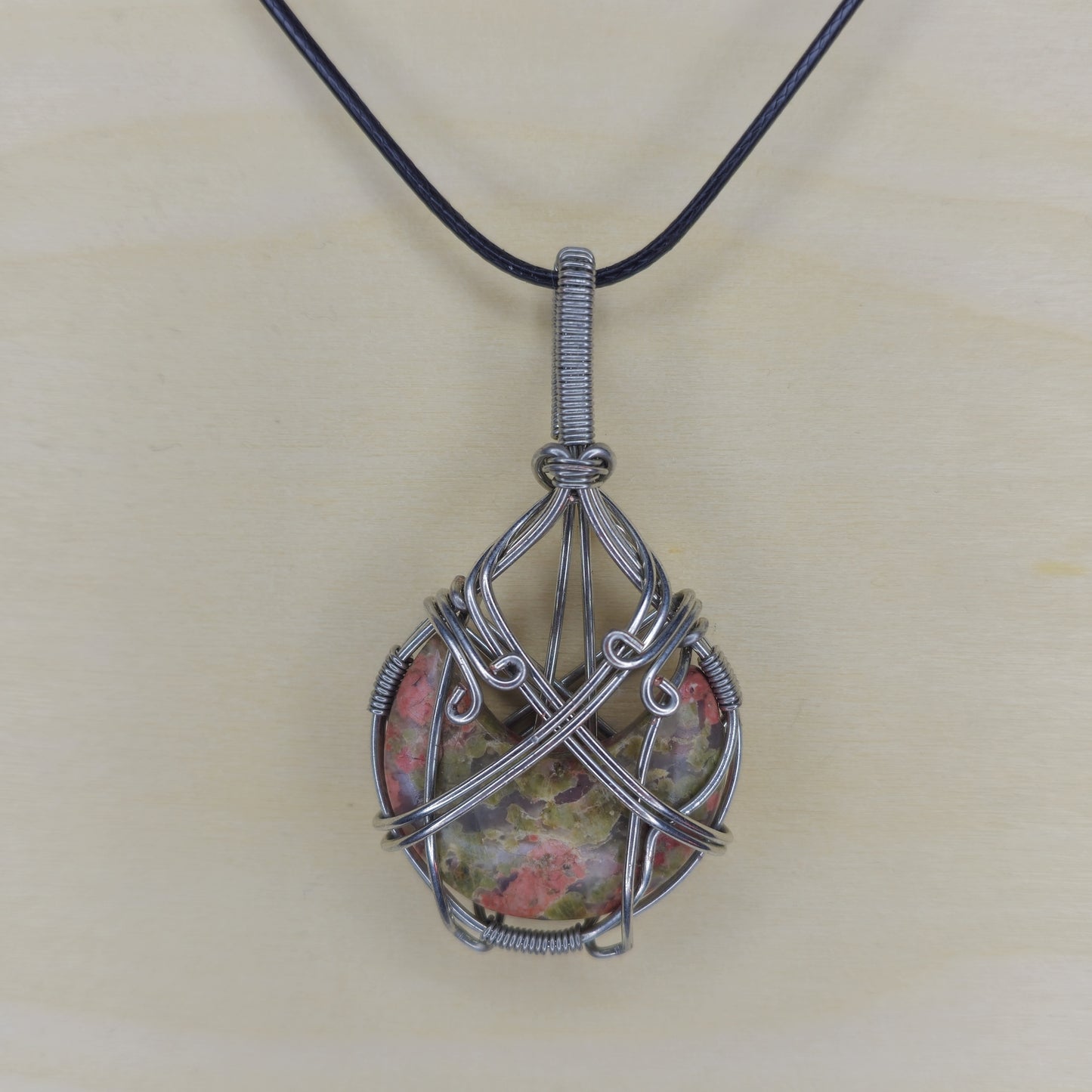 Unakite Moon Crystal Pendant - Wire Wrapped