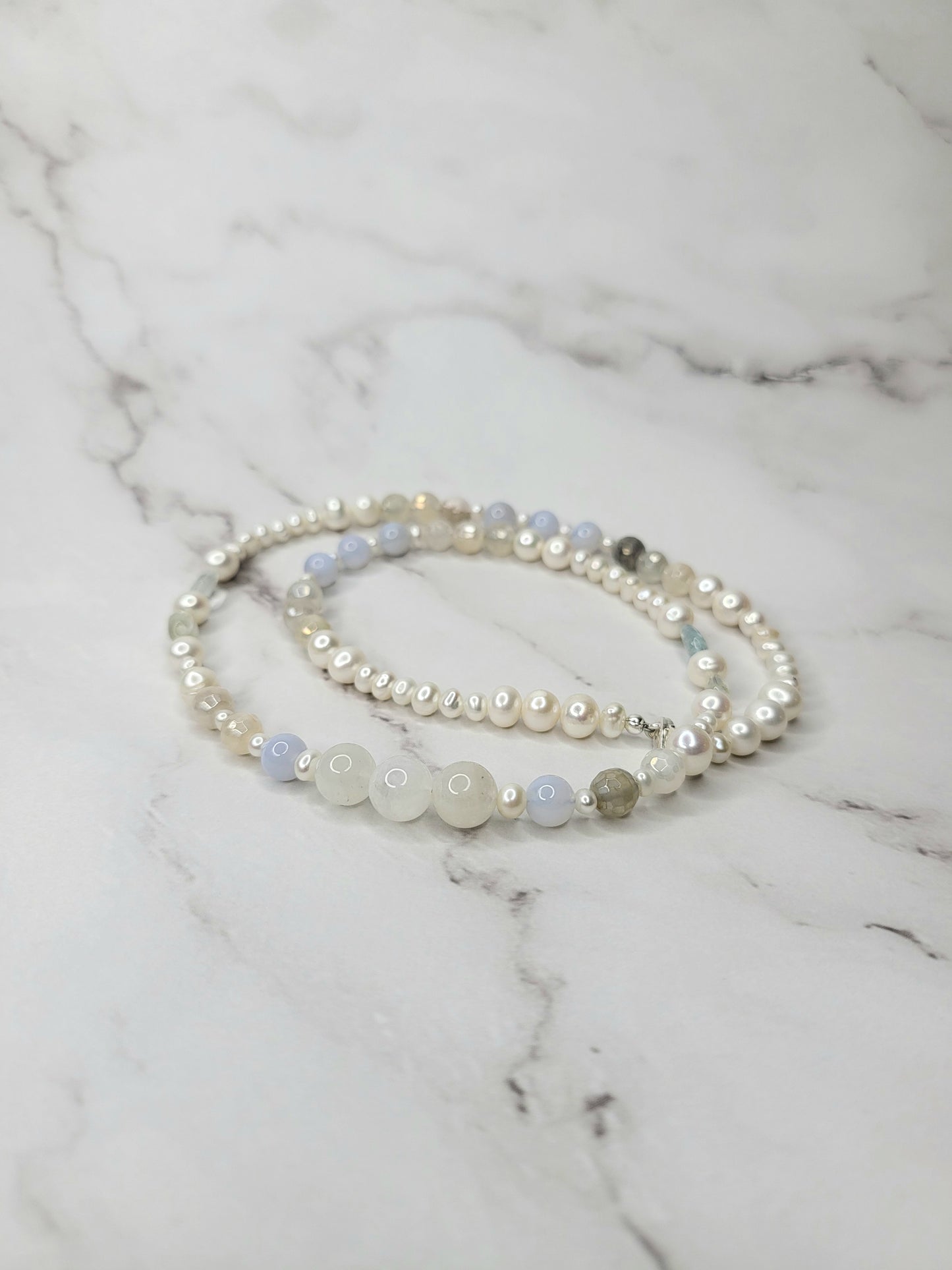 Stress Relief Pearl and Crystal Necklace on Sterling Silver - Smoke & Pearl