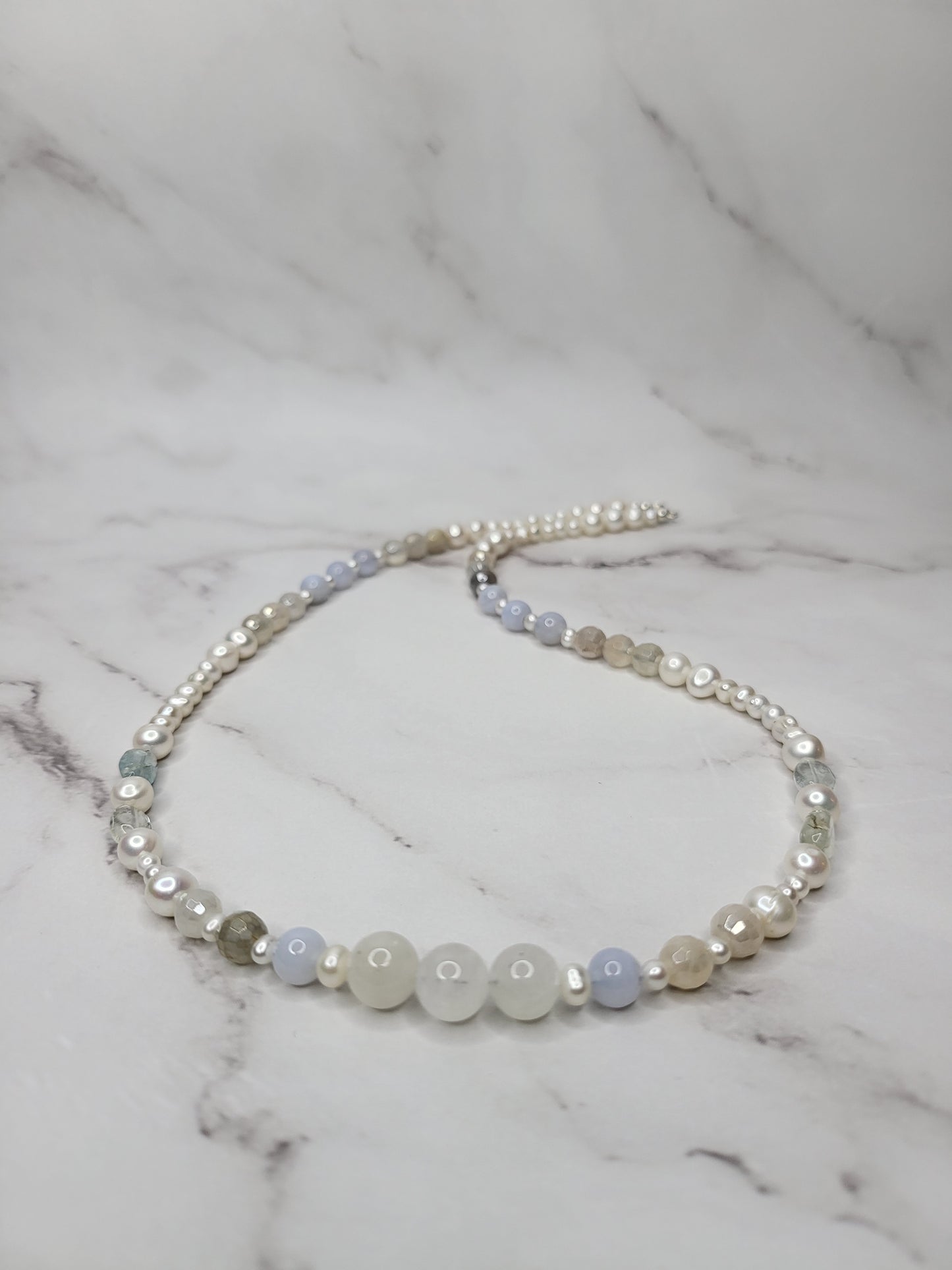 Stress Relief Pearl and Crystal Necklace on Sterling Silver - Smoke & Pearl