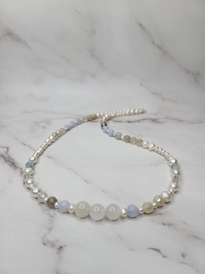 Stress Relief Pearl and Crystal Necklace on Sterling Silver - Smoke & Pearl