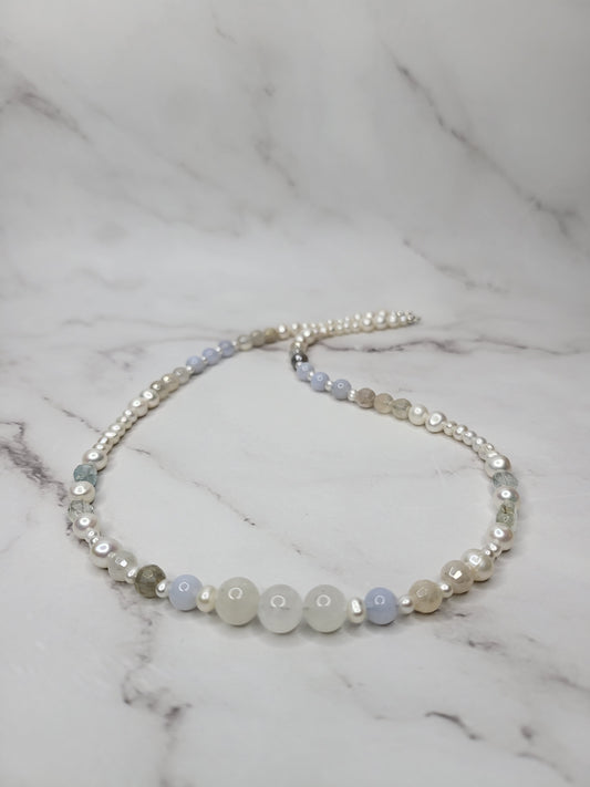 Stress Relief Pearl and Crystal Necklace on Sterling Silver - Smoke & Pearl