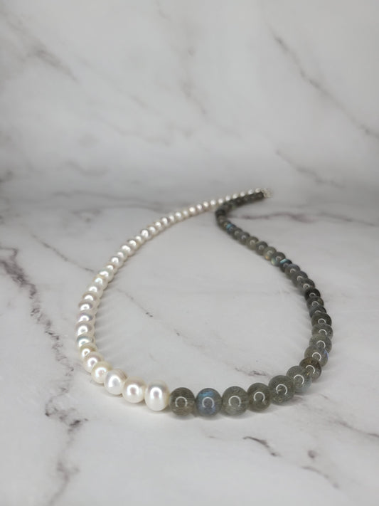 Pearl and Labradorite Crystal Necklace on Sterling Silver - Smoke & Pearl