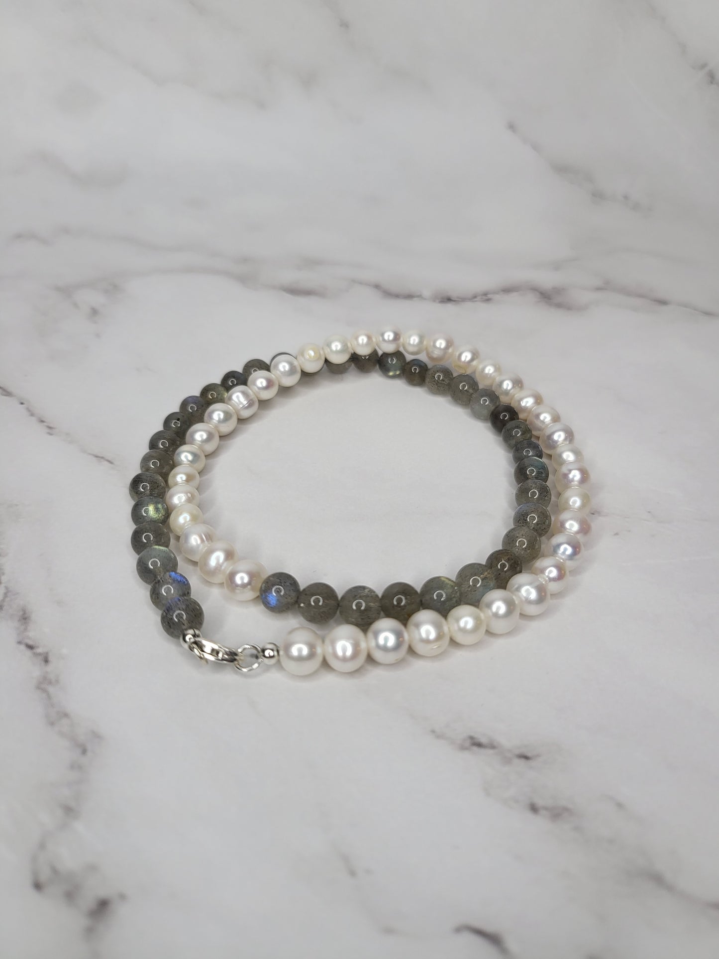 Pearl and Labradorite Crystal Necklace on Sterling Silver - Smoke & Pearl