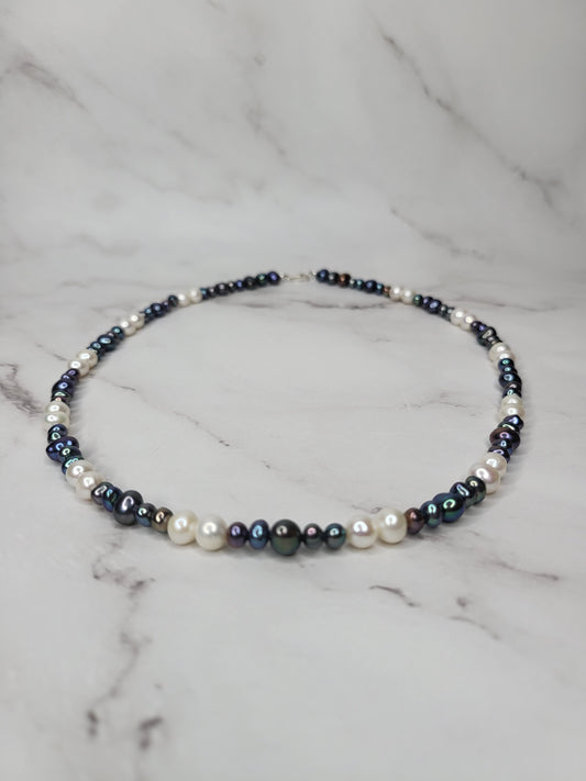 White Pearl and Peacock Pearl Necklace on Sterling Silver - Smoke & Pearl