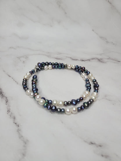 White Pearl and Peacock Pearl Necklace on Sterling Silver - Smoke & Pearl