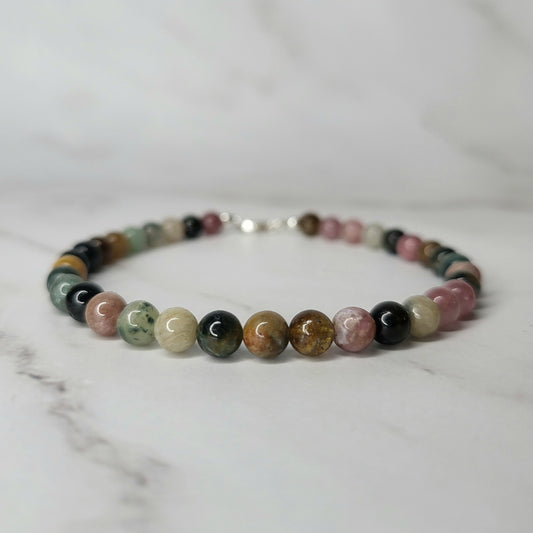 Mixed Tourmaline Crystal Bracelet on Sterling Silver - Smoke & Pearl