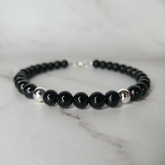 Black Tourmaline Crystal Bracelet on Sterling Silver - Smoke & Pearl