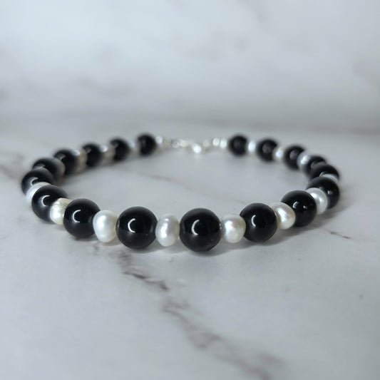 Black Tourmaline and Pearl Crystal Bracelet Bracelet on Sterling Silver - Smoke & Pearl
