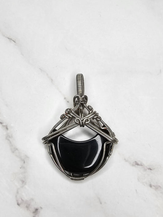 Wire Wrapped Black Onyx Crescent Moon Crystal Pendant