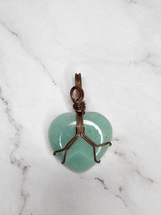 Wire Wrapped Amazonite Crystal Heart Pendant