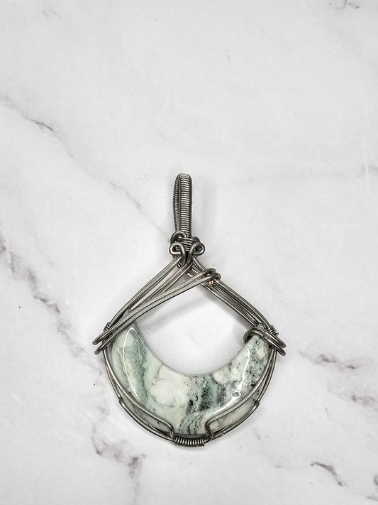 Wire Wrapped Crazy Lace Agate Crescent Moon Crystal Pendant