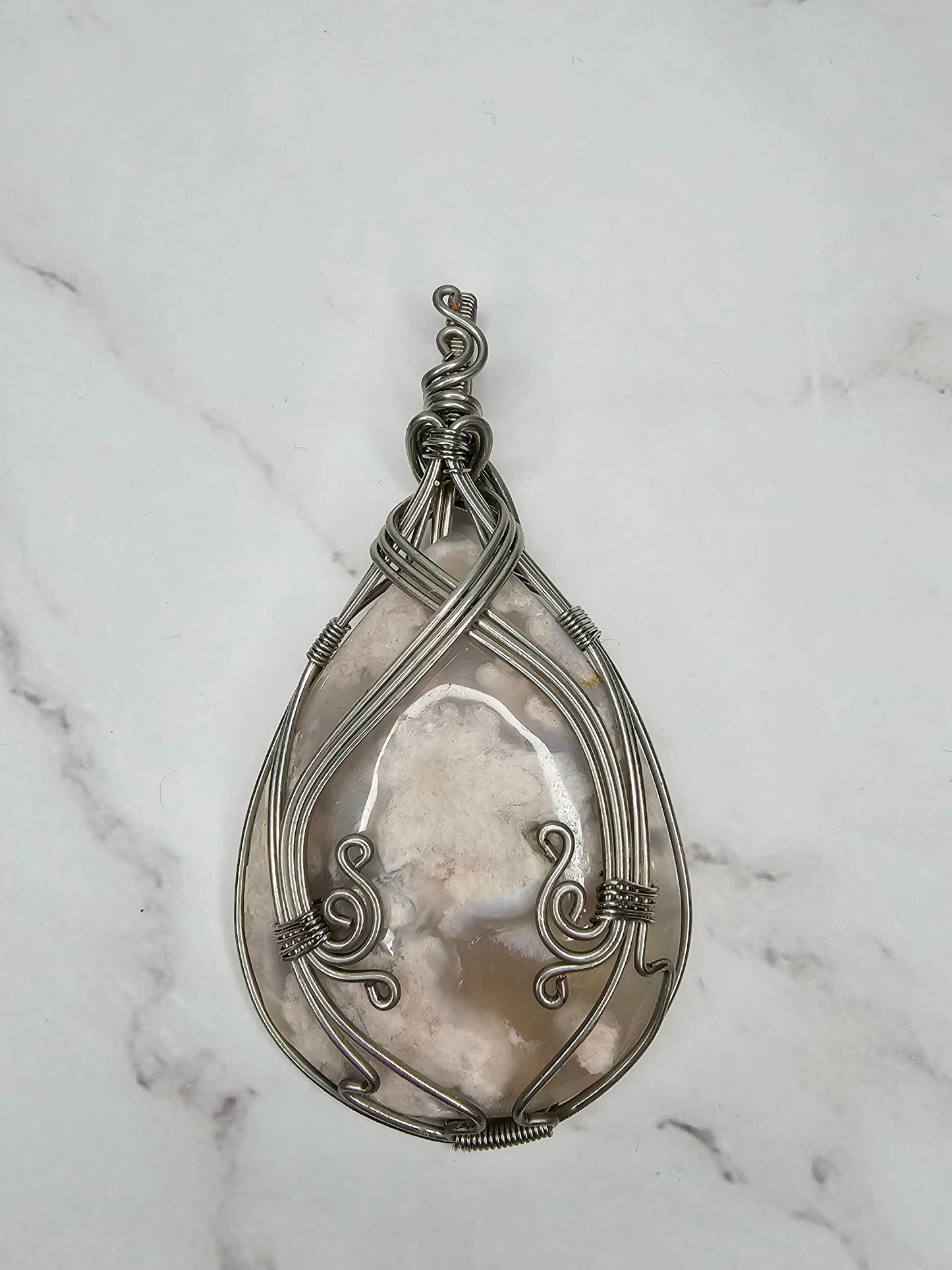 Wire Wrapped Flower Agate Crystal Pendant