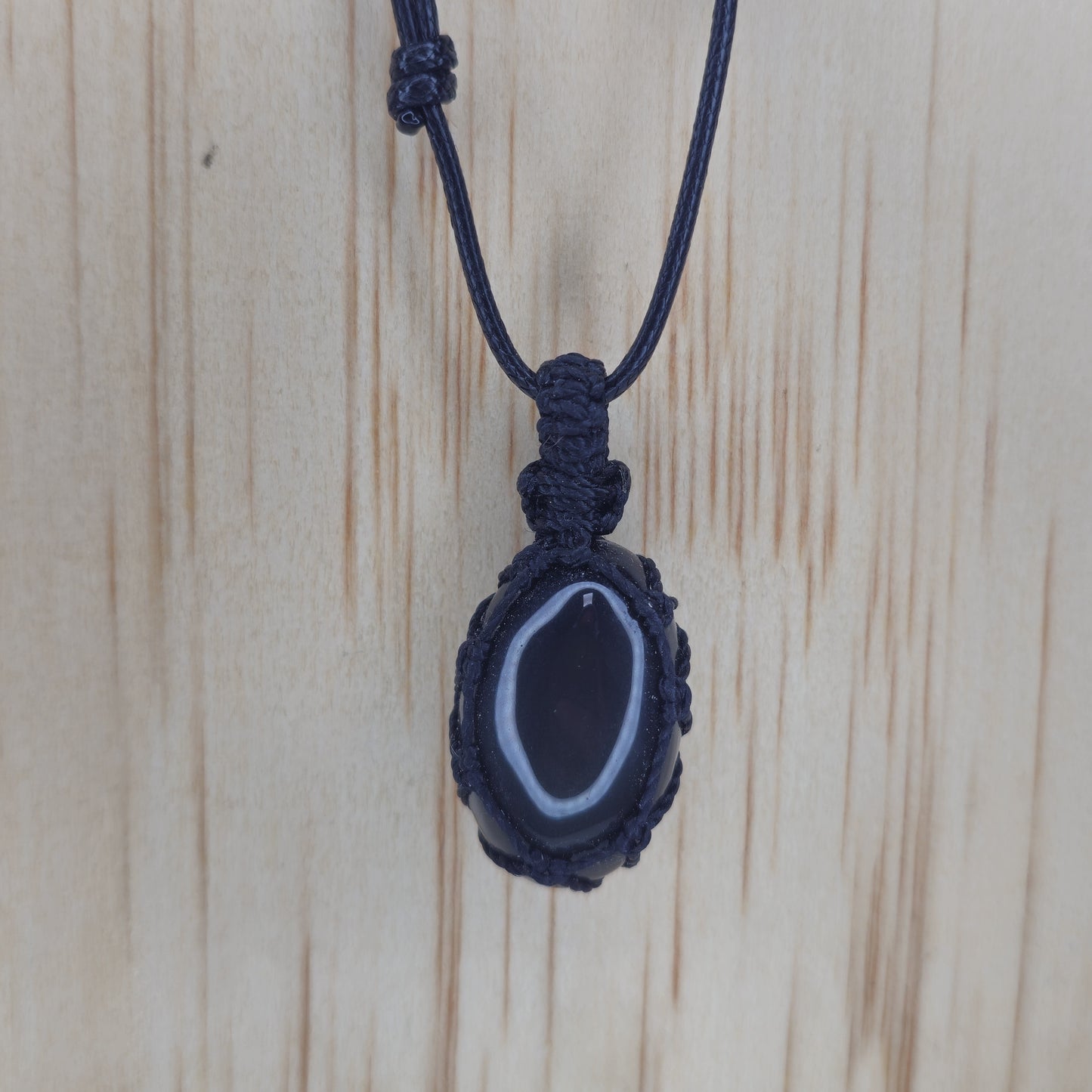 Black Obsidian Crystal Pendant - Macramé Bezel Wrap