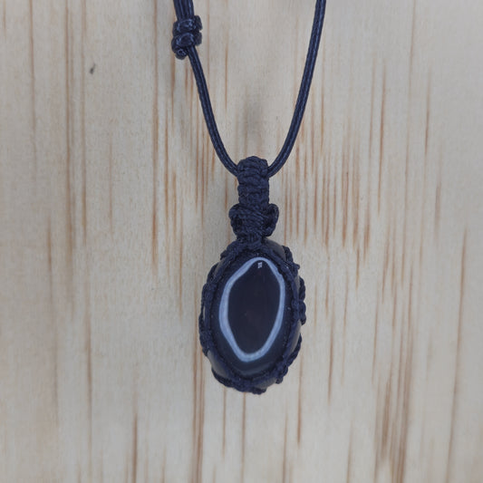 Black Obsidian Crystal Pendant - Macramé Bezel Wrap