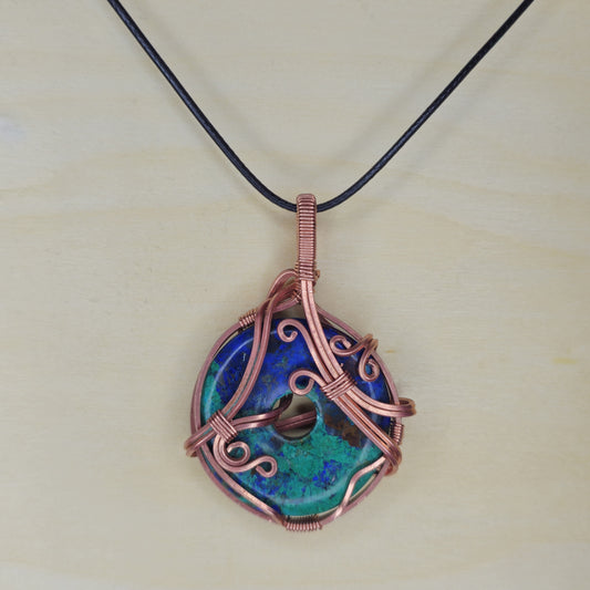 Malachite in Azurite Crystal Donut - Wire Wrapped Pendant