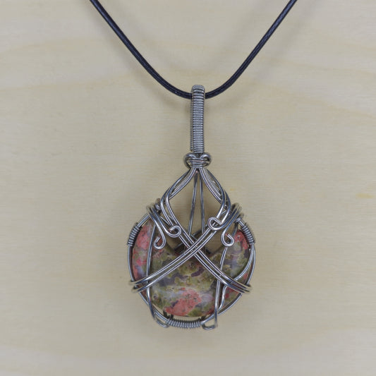 Unakite Moon Crystal Pendant - Wire Wrapped
