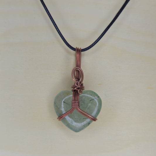 Epidote in Prehnite Heart Crystal Pendant - Wire Wrapped