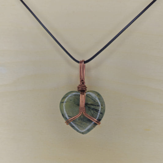 Epidote in Prehnite Heart Crystal Pendant - Wire Wrapped