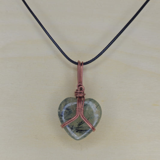 Epidote in Prehnite Heart Crystal Pendant - Wire Wrapped